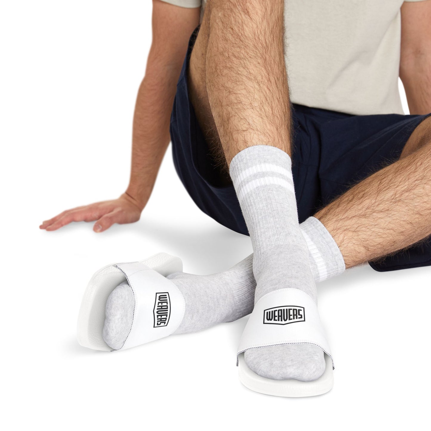 Men's Slide Sandals — White Removable-Strap Slides with WEHOVERS Logo